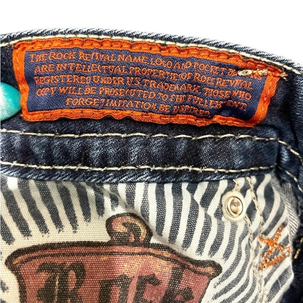 ROCK REVIVAL SHERRY BOOT Crystal Rhinestone Pocket Dark Blue Jeans EUC Size 27 - Picture 9 of 12